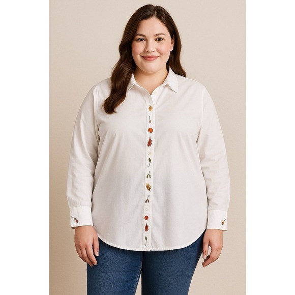 Cherokee Tops - Cherokee Woman 22W White Cotton Embroidered Fall Leaves Button Down Shirt Casual